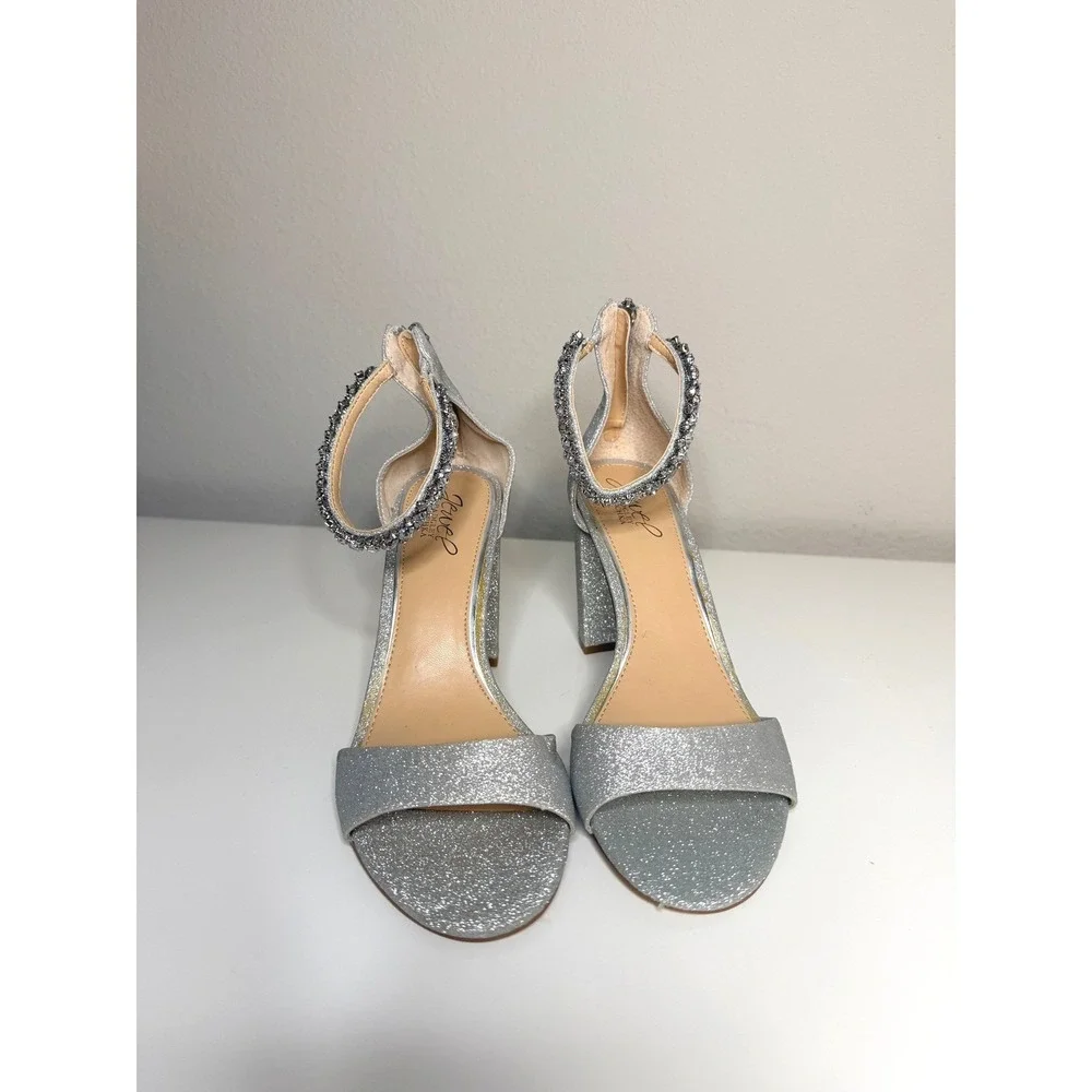 Jewel Badgley Mischka Silver Glitter Strappy Block Heels Women's Size‎ 8.5